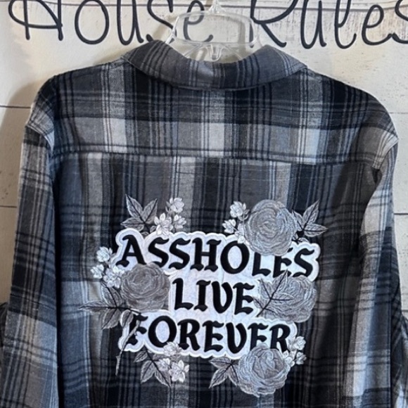 Other - Flannel NEW Black and Gray Plaid  Shirt “ASSHOLES LIVE FOREVER”